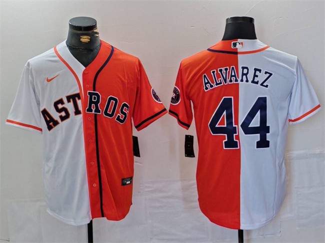 Men's Houston Astros #44 Yordan Alvarez White/Orange Split With Patch Cool Base Stitched Baseball Jersey Men's Houston Astros #44 Yordan Alvarez White/Orange Split With Patch Cool Base Stitched Baseball Jersey